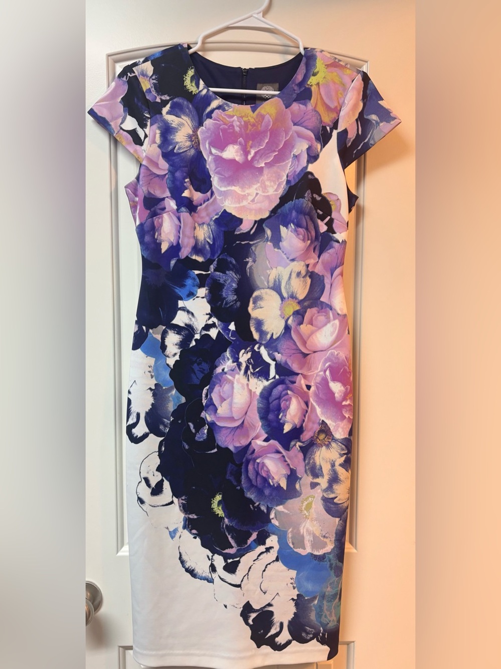 Vince Camuto Purple and Navy Floral Cap-Sleeve tea-length dress
